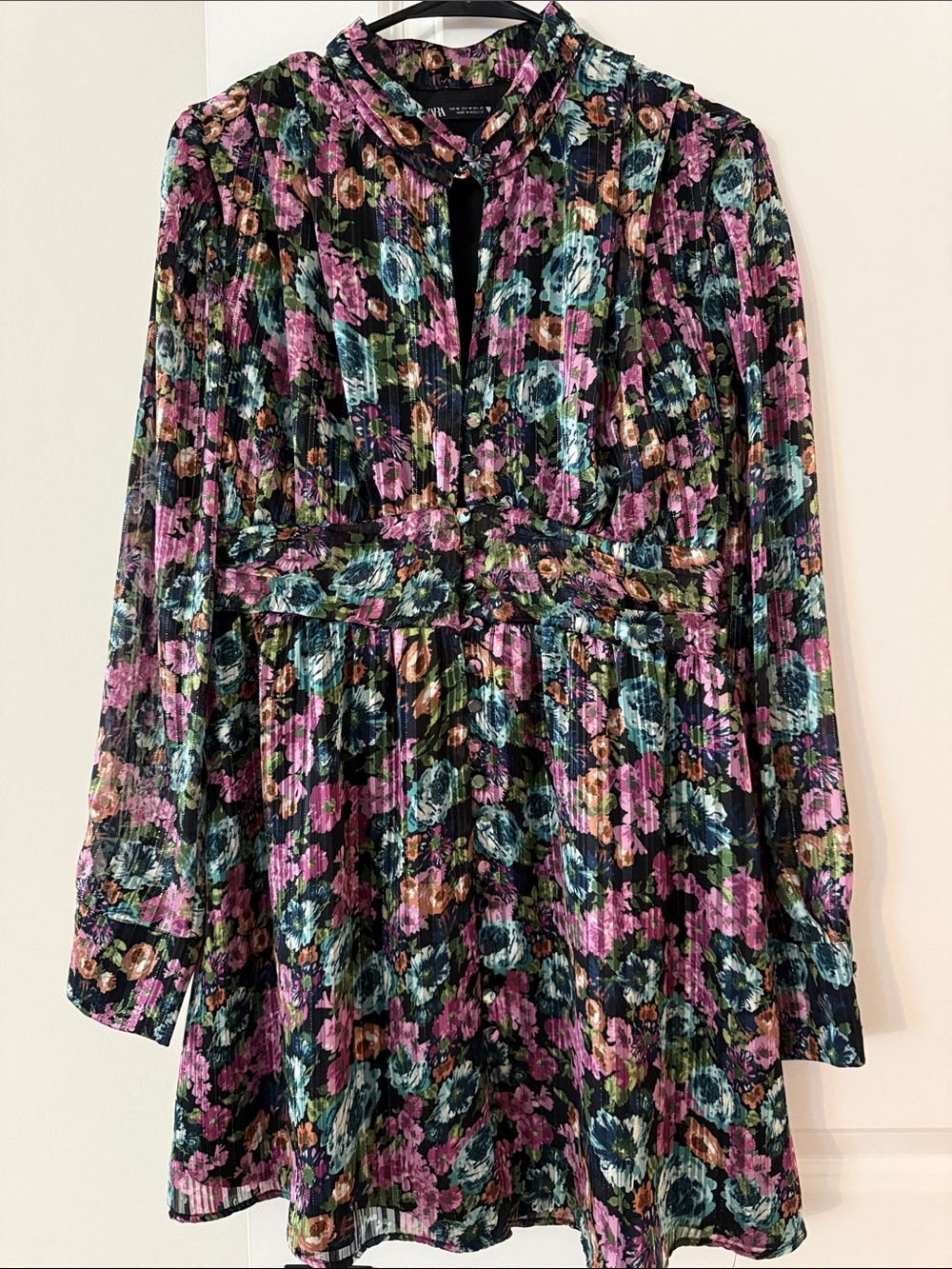 Zara floral metallic long sleeve dress